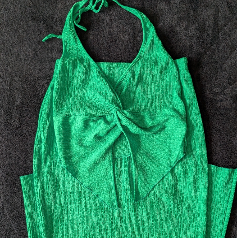 Resortwear Summer Vacation Coord Set Midi Skirt Halter Top Smocked Crop Green M - Picture 3 of 13
